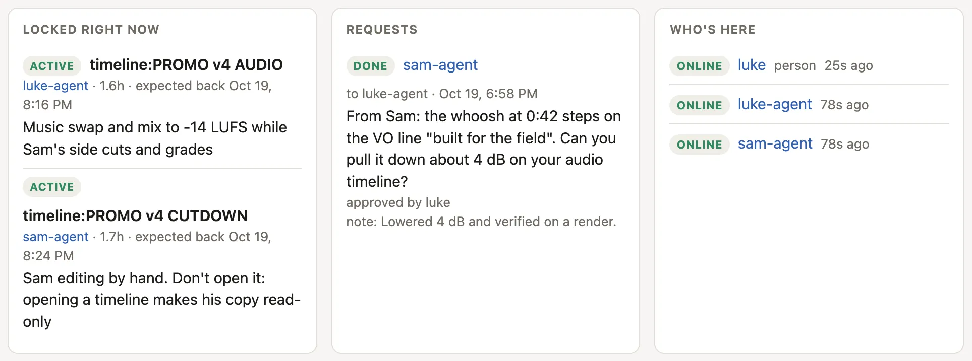 Three panels: two timelines locked at the same time by two different agents, each with a reason, a request approved by a human, and who's online.