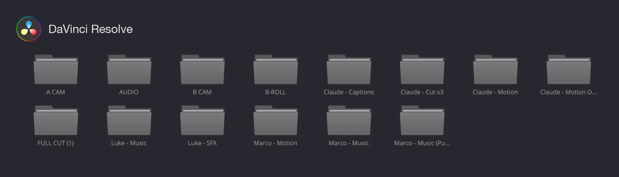DaVinci Resolve's media pool for the shared cloud project: bins for camera, audio and B-roll, plus separate bins for each editor and each agent's work.