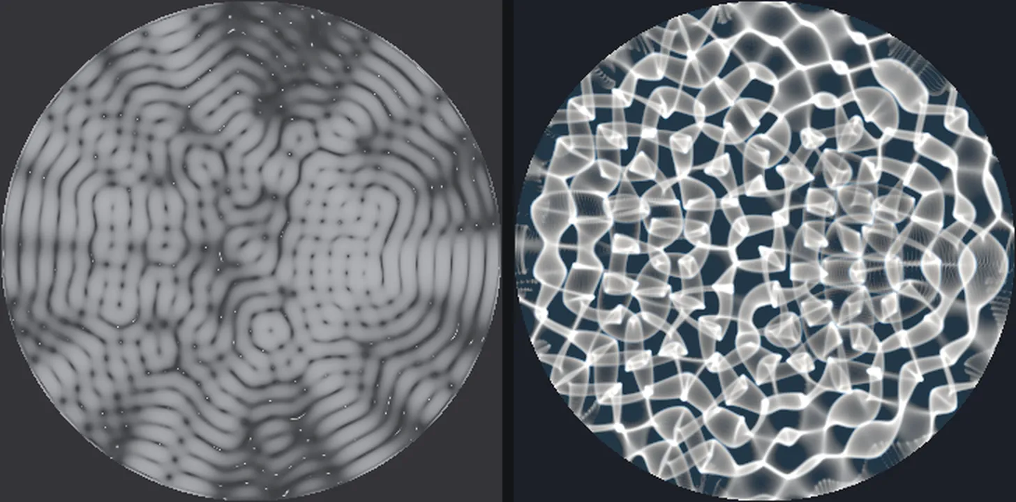 The same moment of Chopin on water, rendered two ways: on the left as gray liquid metal with rippled bands, on the right as a bright white net of light on a dark dish floor.