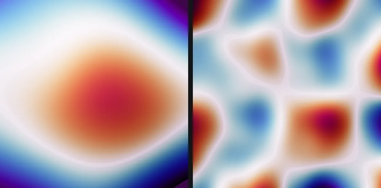Two frames from the same 30 seconds of acid techno on the simulated steel plate. On the left, one big smooth red blob. On the right, a patchwork of red and blue cells.
