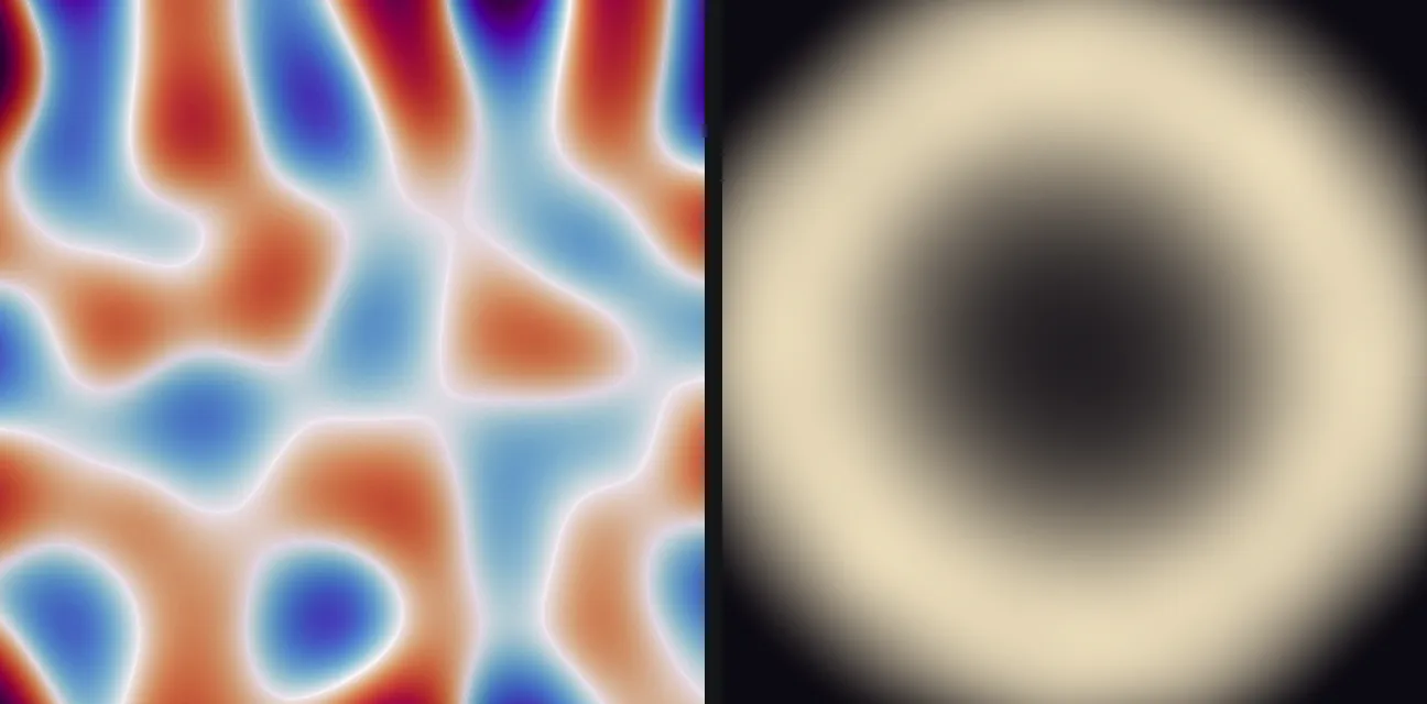 Two frames from the first minute of a Chopin nocturne on the plate. On the left, the acceleration view with soft colored cells. On the right, the time-averaged sand view: one fuzzy cream ring on a dark plate.