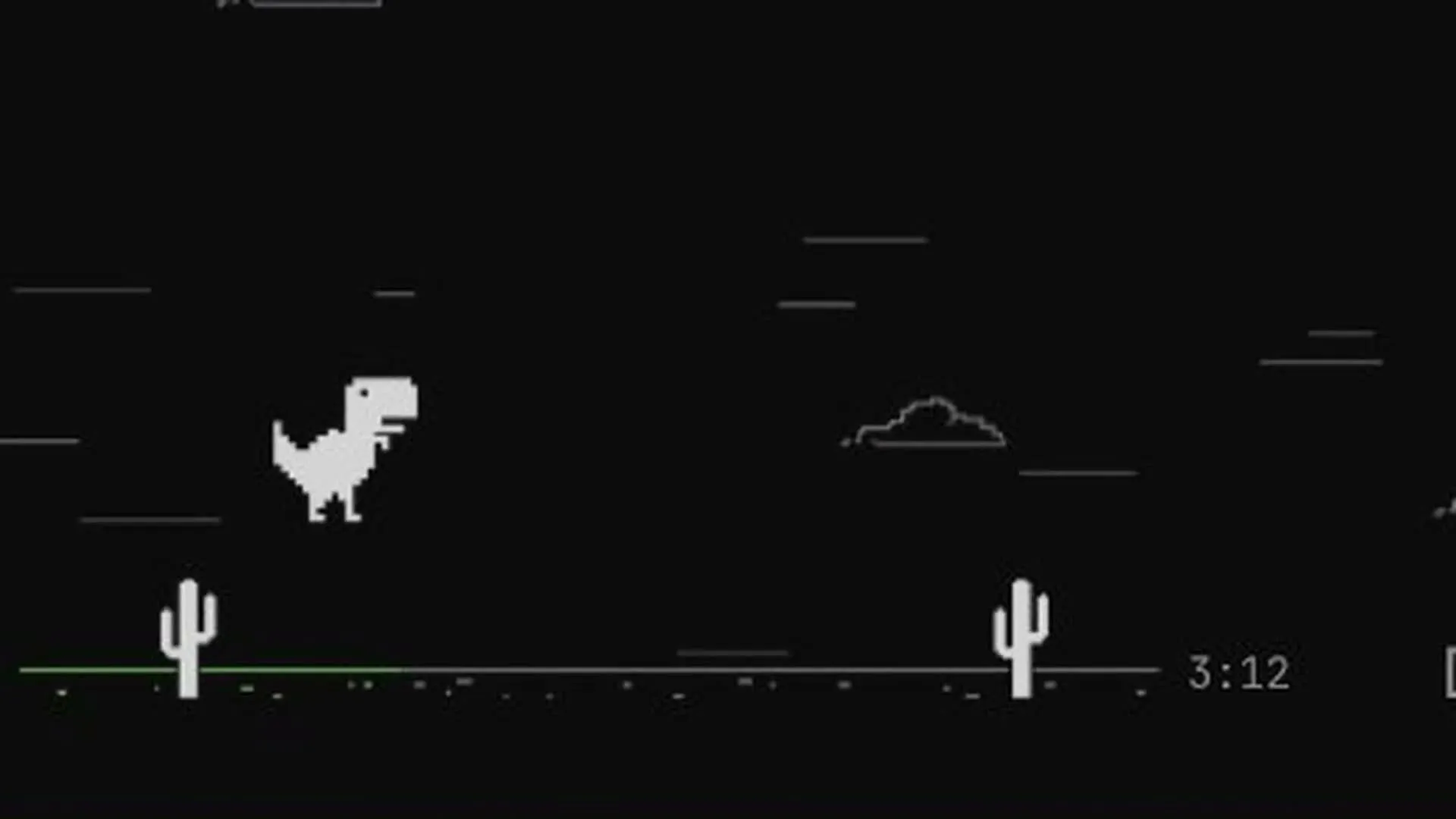 Close-up of the pixel dinosaur mid-jump between two cacti on the progress bar.
