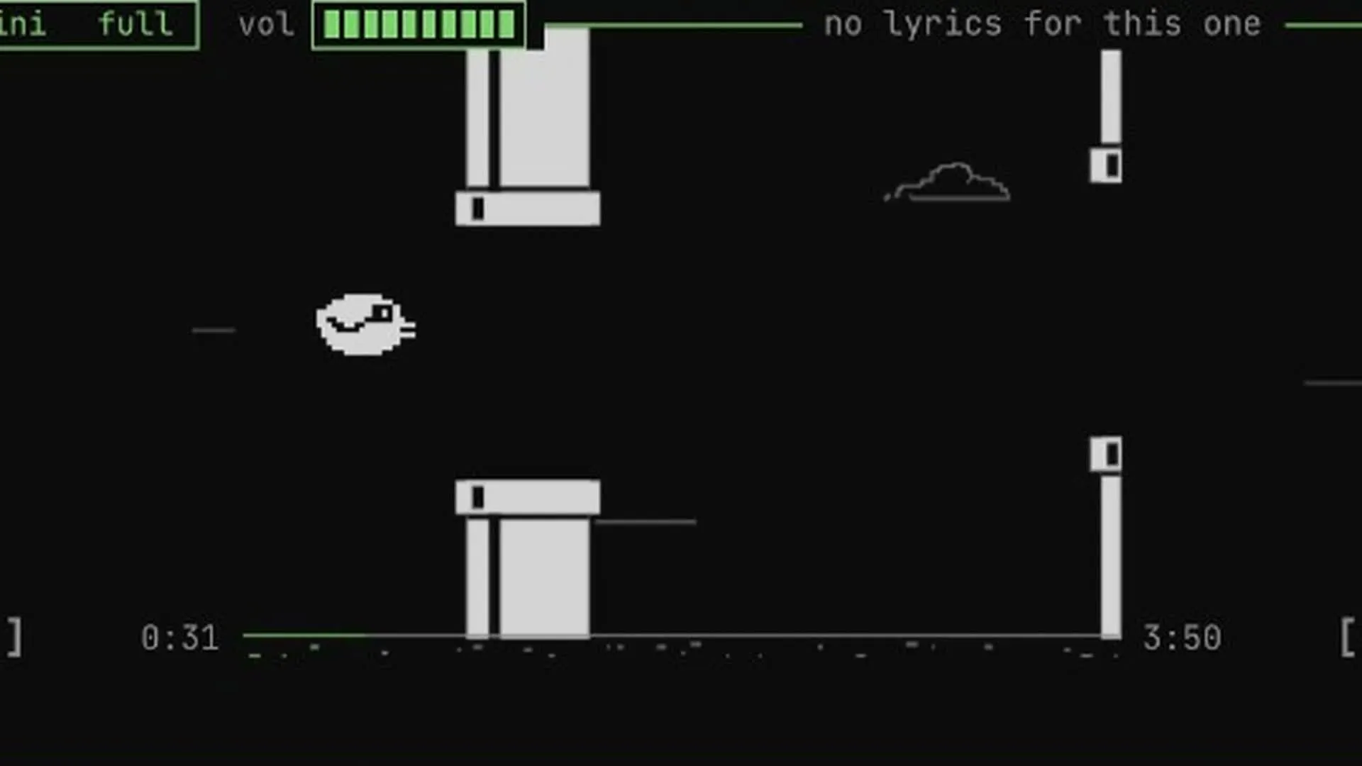 Flappy bird threading a gap between two pipes on the progress bar.