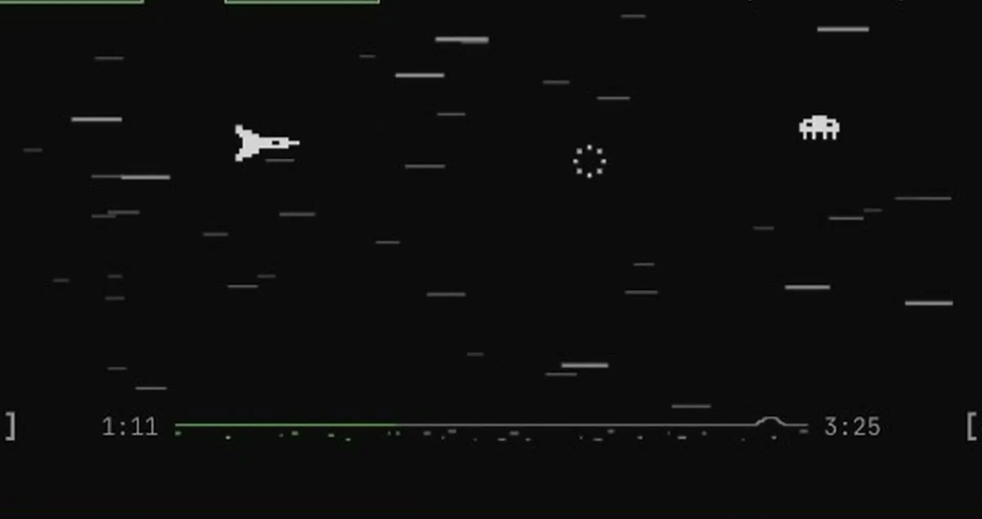 The space shooter: a small ship firing at a pixel alien, with an explosion and speed streaks.