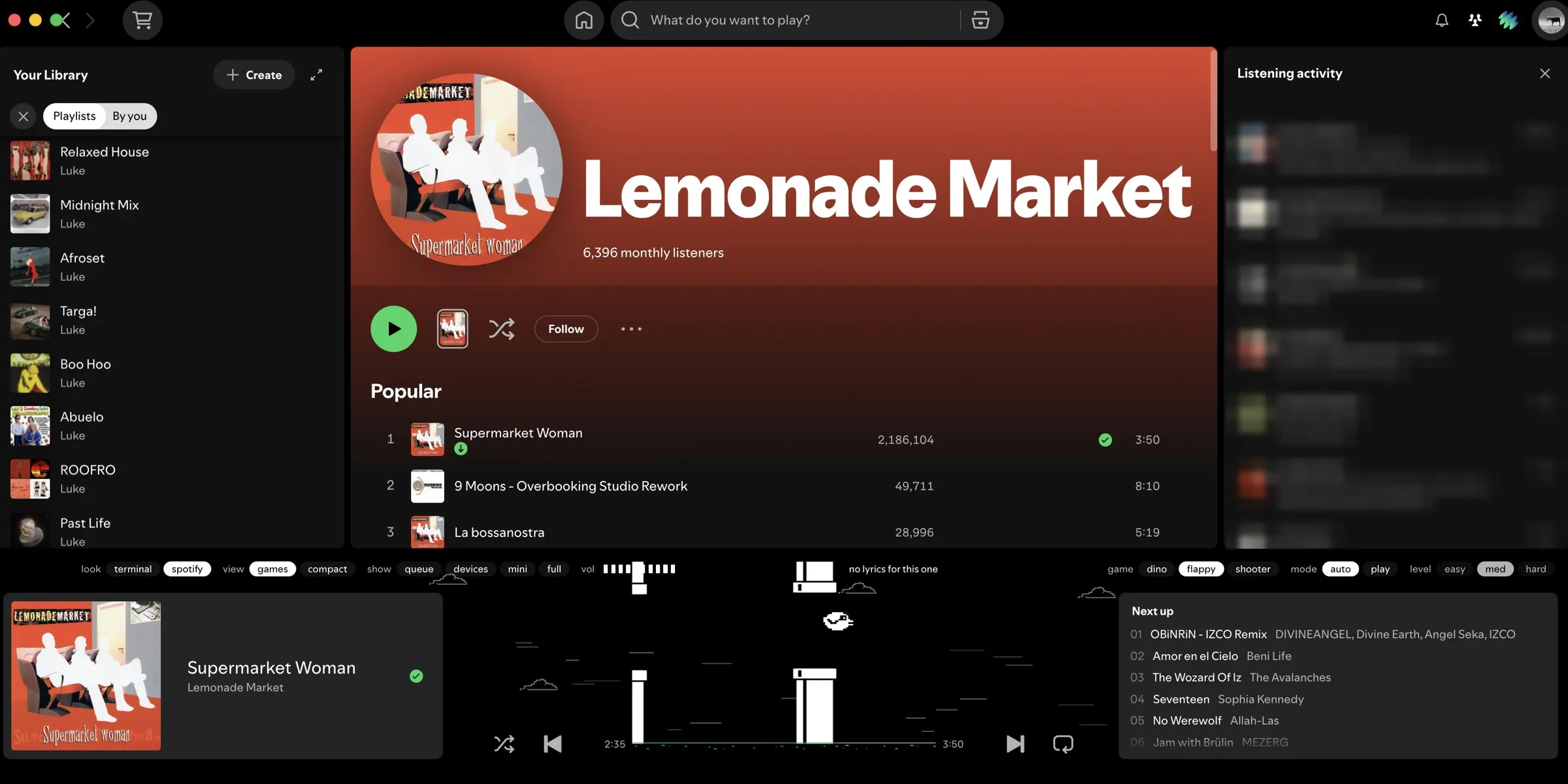 Spotify in its normal look with the games bar at the bottom running flappy bird.