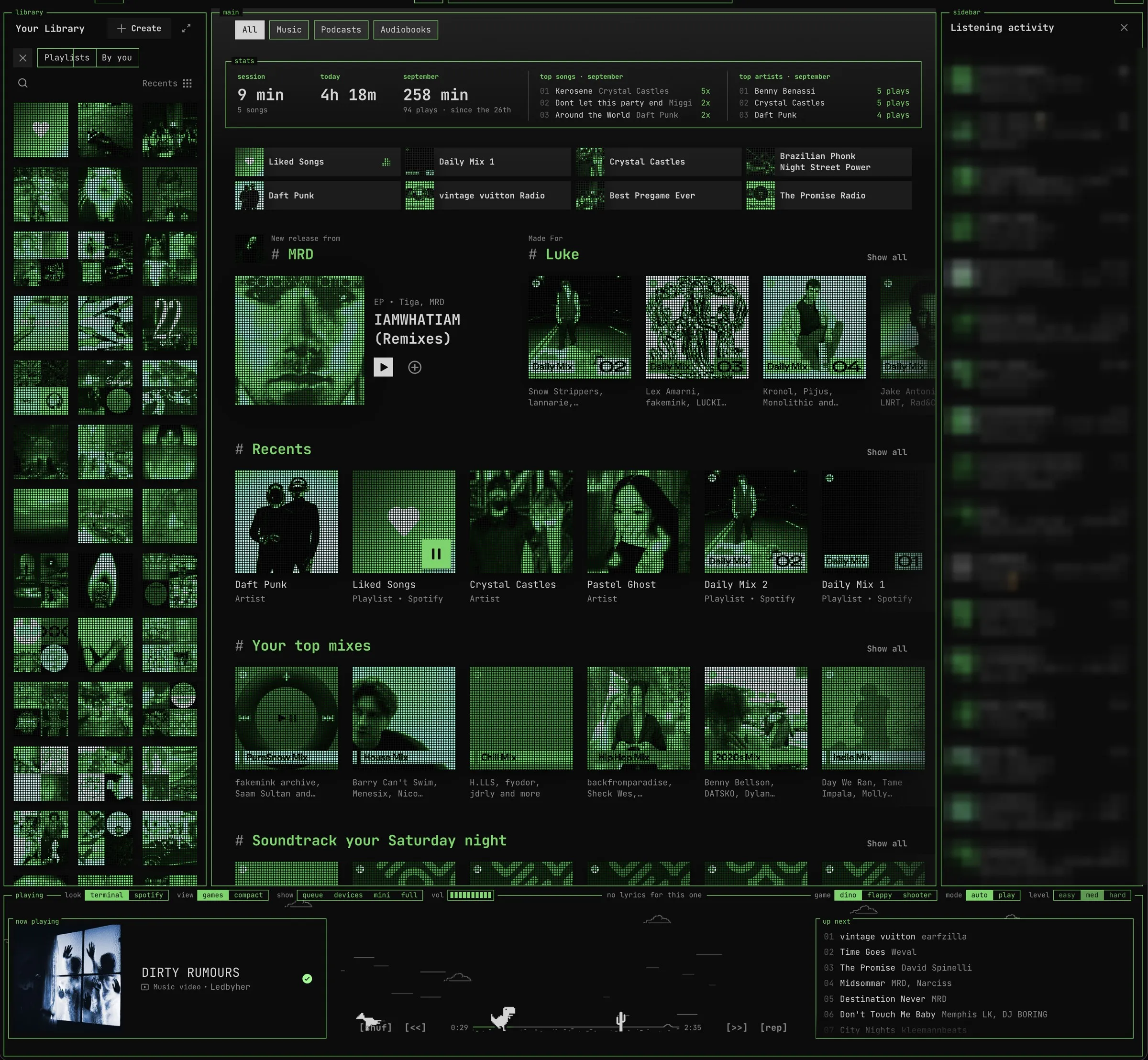 Spotify in the terminal look: green halftone album art, a stats panel, and the games bar along the bottom with the dino running on the progress bar.