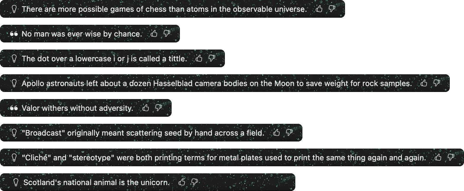 A few minutes of my menu bar: real screenshots of Ticker rotating through quotes and facts.