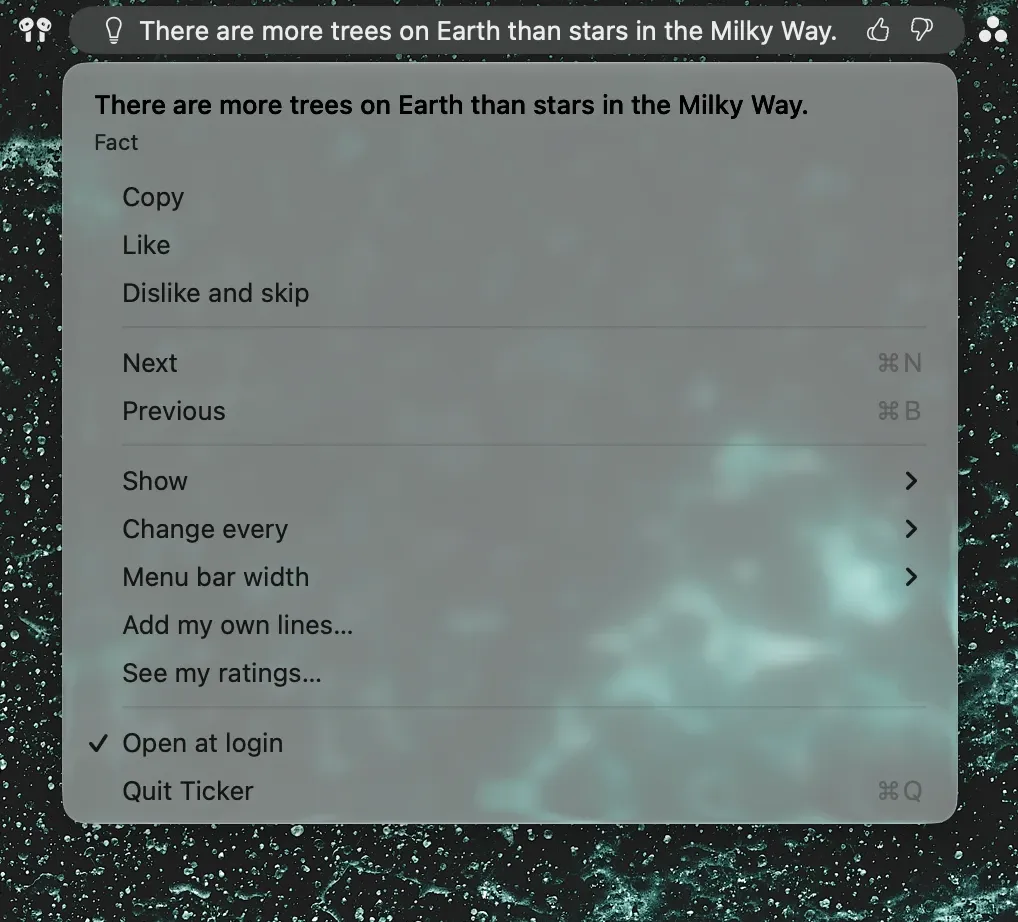 Clicking Ticker opens the full line, where it came from, Like, Dislike and skip, Next, Previous and the settings.