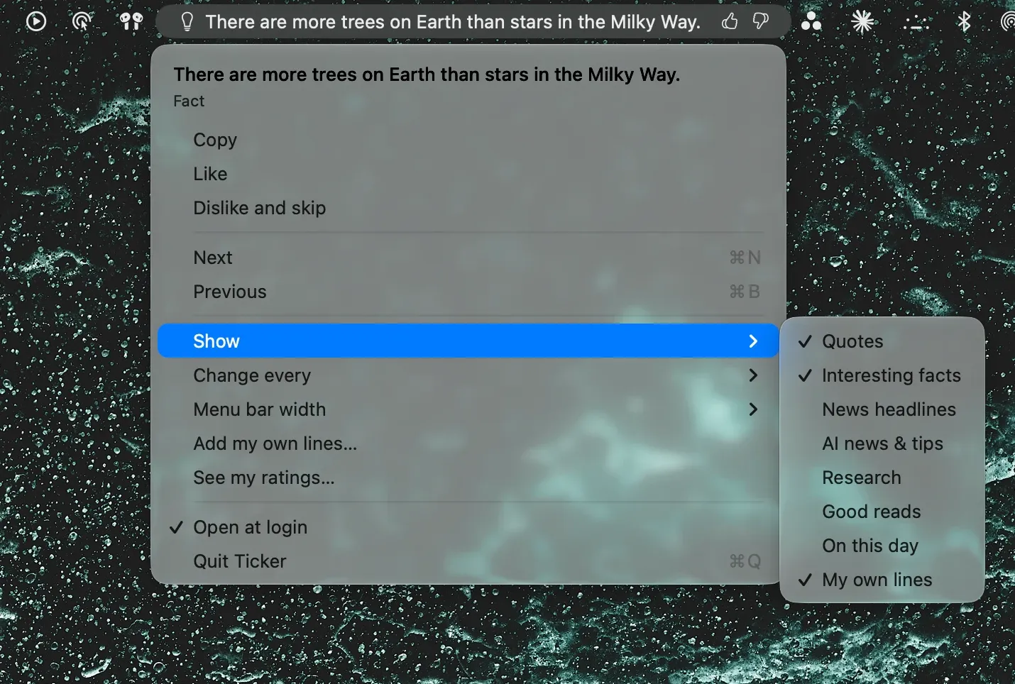 The Show menu, where each category can be turned on or off.